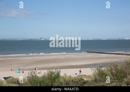 Küstenschutz durch hölzerne Buhnen am Sandstrand, im Hintergrund Vlissingen, Breskens, Zeeland, Niederlande Foto Stock