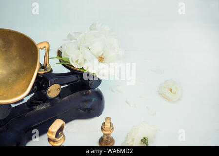 Antique vintage scala di misurazione con pesi con freschi tè bianco rose fiori sul bianco sullo sfondo di legno. La natura degli ingredienti. Pura e simpiity concep Foto Stock