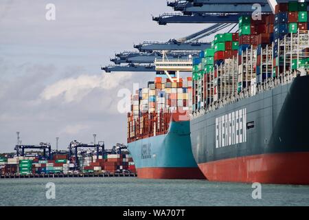 Felixstowe, Suffolk, Regno Unito - 18 August 2019: il sempreverde mai governare e Maersk Madison navi container del porto di Felixstowe. Foto Stock