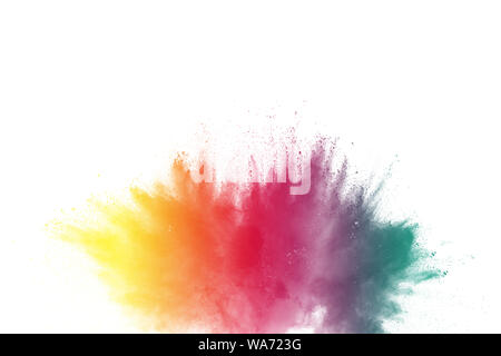 Bloccare il movimento della polvere colorata esplosioni isolati su sfondo bianco Foto Stock