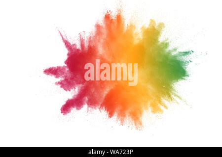 Bloccare il movimento della polvere colorata esplosioni isolati su sfondo bianco Foto Stock