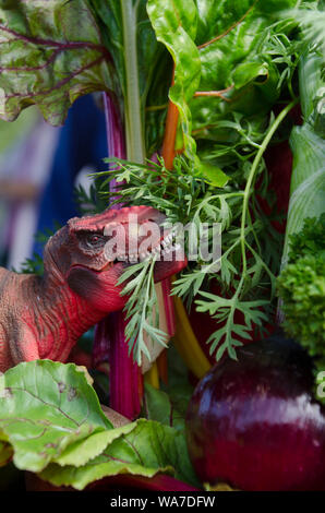 Tirannosauro Rex modello di plastica vicino fino a mangiare verdi dall orto giardino comunità, Yarmouth, Maine, Stati Uniti d'America Foto Stock
