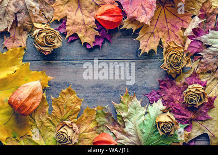 Telaio di estratto secco di foglie di autunno e le rose su una tavola di legno invecchiato sfondo . Copia dello spazio. Colore di autunno, autunno umore Foto Stock