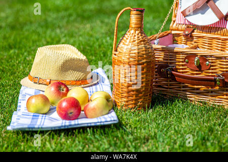 Cesto picnic sul verde prato soleggiato nel parco Foto Stock