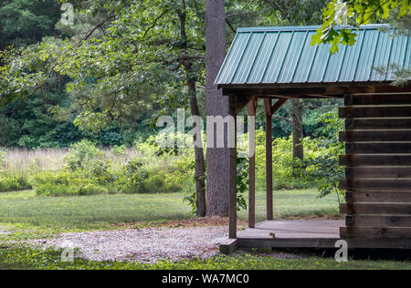 Una piccola cabina è immerso nei boschi di attesa per i campeggiatori, e un piccolo Scoiattolo striado siede sul portico come un comitato di benvenuto di uno Foto Stock