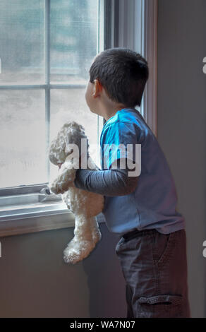 Un giovane ragazzo con il suo orso ripiene, guarda fuori dalla finestra, guardando alla nonna Foto Stock