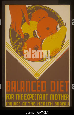 Dieta equilibrata per la gestante Abstract: Poster la promozione di una corretta dieta e la cura prenatale per le donne in stato di gravidanza, mostrando una ciotola di frutta. Foto Stock