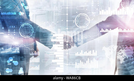 La doppia esposizione dei supporti misti. La gente di affari handshake Foto Stock