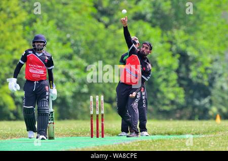 Hanover Park, Illinois, Stati Uniti d'America. Bowler offrendo la palla a un attesa battitore opposti durante una partita di cricket. Foto Stock