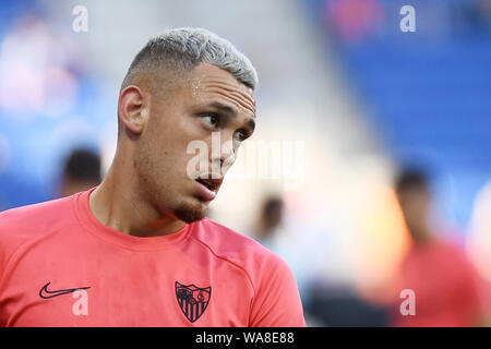 Barcellona, Spagna. 18 Agosto, 2019. Diego Carlos di Sevilla FC durante il match RCD Espanyol v Sevilla FC, di LaLiga stagione 2019/2019, data 1. RCDE Stadium. Barcelona, Spagna, 18 ago 2019. Credito: PRESSINPHOTO/Alamy Live News Foto Stock