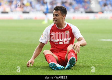 Barcellona, Spagna. 18 Agosto, 2019. Sergio Reguilon di Sevilla FC durante il match RCD Espanyol v Sevilla FC, di LaLiga stagione 2019/2019, data 1. RCDE Stadium. Barcelona, Spagna, 18 ago 2019. Credito: PRESSINPHOTO/Alamy Live News Foto Stock