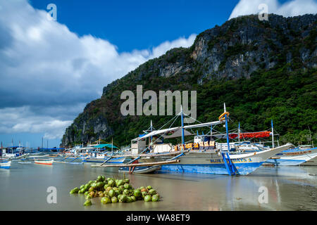 Un mucchio di Buko (noci di cocco fresco) su Corong Corong Beach, El Nido, PALAWAN FILIPPINE Foto Stock