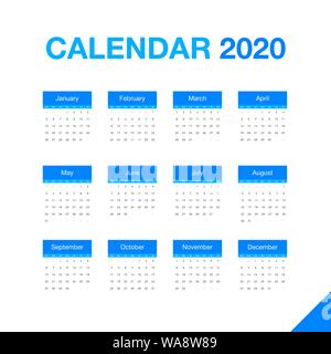 Scrivania minimalista calendario 2020 anno. Progettazione di calendario con il nome inglese di mesi e il giorno della settimana. Illustrazione di vettore isolato su bianco backgroun Illustrazione Vettoriale