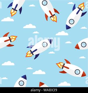 Vector seamless pattern con un razzo. Sfondo spazio. Illustrazione Vettoriale