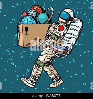 Esplorazione dello spazio concetto. astronauta prende il pianeta in una scatola. La Pop art retrò stock vettore illustrazione Illustrazione Vettoriale