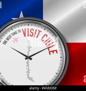 Il periodo migliore per visitare il Cile. Viaggio in Cile. Aria turistica volo. Sventola bandiera di sfondo e punti mappa Pattern sul quadrante. Illustrazione Vettoriale. Illustrazione Vettoriale