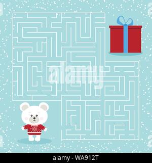 Gioco labirinto per i bambini con un labirinto cartoon di natale orso polare e dono. Illustrazione Vettoriale