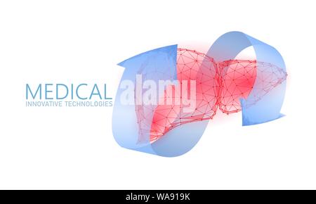 Fegato umano terapia di ricostruzione concetto medico. Farmacia farmacia banner cura recuperare epatite health care. Bassa poli poligonale 3D vettore incandescente Illustrazione Vettoriale