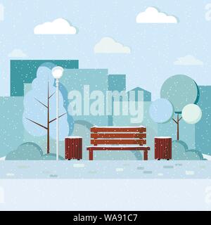 Panca in legno, cestino e lampione nel parco della città con grattacieli, alberi e cespugli, sentiero, nuvole, caduta di neve. Illustrazione Vettoriale