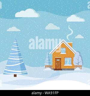 Inverno bellissimo paesaggio innevato con paese rurale casa in legno, abete rosso, nuvole, neve in stile cartoon. Illustrazione Vettoriale