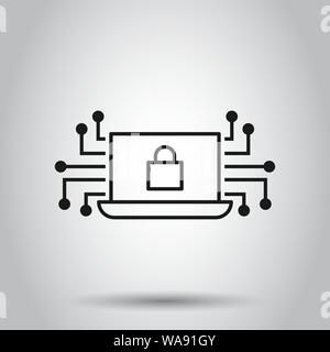 Cyber security icona in stile appartamento. Lucchetto bloccato illustrazione vettoriale su sfondo isolato. Laptop concetto di business. Illustrazione Vettoriale