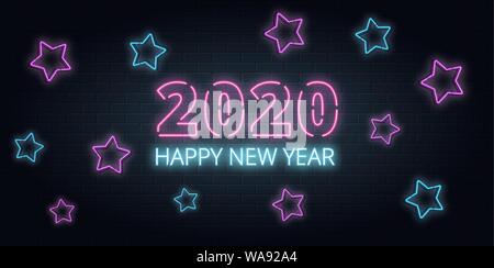 Biglietto di auguri, invito con felice anno nuovo 2020. Il Natale di scritte in neon stile su sfondo mattone. Blu e viola i colori al neon. Disegnata a mano lasciar Illustrazione Vettoriale