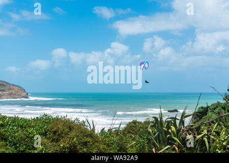 Il parapendio. Volo sopra Muriwai Beach, area di Auckland, Isola del nord della Nuova Zelanda Foto Stock