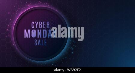 Moderno e futuristico banner per Cyber lunedì vendita. Blu e viola neon incandescente schema a nido d'ape. Offerta speciale. Abstract battenti luci. Illustra il vettore Illustrazione Vettoriale
