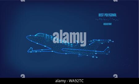 Gli aeromobili di poligonale, triangoli e punti. Nozione di viaggio di affari, viaggi e turismo. Sullo sfondo di un bellissimo blu scuro cielo notturno. Bassa poli. Illustrazione Vettoriale