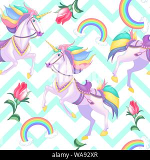 Carino unicorni bianchi con capelli arcobaleno su strisce blu chiaro illustrazione dello sfondo di un modello vettoriale senza giunture Illustrazione Vettoriale