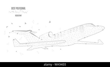 Gli aeromobili di forma poligonale di triangoli e punti. Nozione di viaggio di affari, viaggi e turismo. Nero e sfondo bianco. Bassa poli. Illustrazione Vettoriale