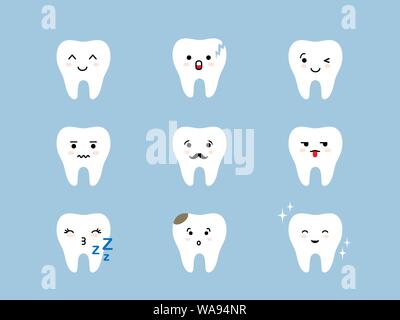 Denti gli Emoji icon set. Incrinato, rotto healthy white Cartoon carino kawaii dente caratteri con differenti espressioni del viso. Illustrazione Vettoriale