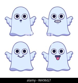 Funny cartoon ghost set disegno con espressioni diverse. Carino halloween illustrazione vettoriale. Illustrazione Vettoriale