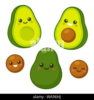 Cartoon carino avocado il set di caratteri. Tutta l'avocado, tagliate a metà e pit con divertenti kawaii facce. Vettore isolato clip art illustrazione. Illustrazione Vettoriale