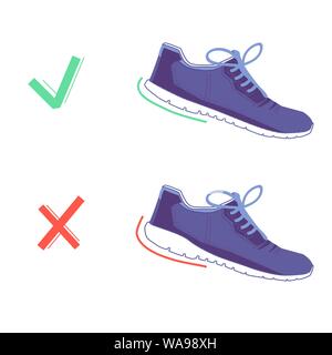 Giusto e sbagliato scarpe con naturale in esecuzione. Scarpe da corsa. Sana le fasi di eseguire il concetto. Piatto vector graphic design illustrazione isolato. Illustrazione Vettoriale