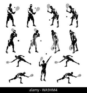 Giocatore di Tennis silhouette nera impostato su sfondo bianco, illustrazione vettoriale Illustrazione Vettoriale