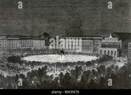 La storia della Spagna. La restaurazione borbonica. Regno di Alfonso XII (1874-1885). Madrid, 20 marzo 1876. Celebrazioni in occasione della fine della terza guerra carlista. Illuminazione della Plaza de Oriente (Plaza Oriente). Il giardino illuminato in stile veneziano. Incisione di Rico. La Ilustracion Española y Americana. Marzo 30, 1876. Foto Stock