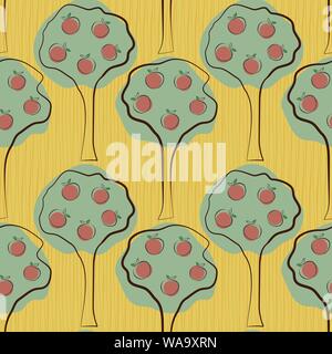 Line art melo frutteto con verde di offset e di colore rosso. Vettore di Seamless pattern on line textured sfondo arancione. Ottimo per caduta, prodotti alimentari Illustrazione Vettoriale