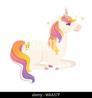 Magic mitico animale da fiaba unicorn seduta sul terreno cartoon animale piatto design illustrazione vettoriale isolati su sfondo bianco. Illustrazione Vettoriale