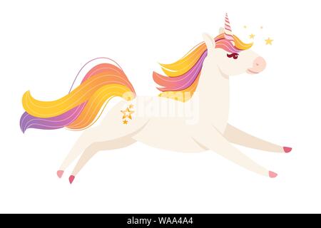 Magic mitico animale da fiaba in esecuzione unicorn cartoon animale piatto design illustrazione vettoriale isolati su sfondo bianco. Illustrazione Vettoriale