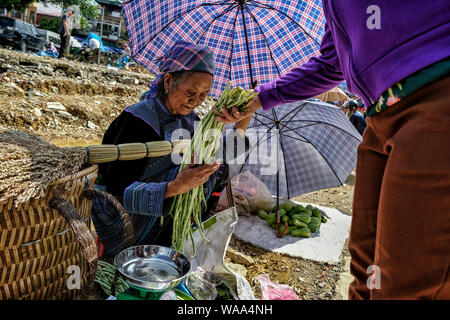 Bac Ha, Vietnam - 26 agosto: donne Hmong con abito tradizionale vendita di verdure sul mercato in agosto 26, 2018 in Bac Ha, Vietnam. Foto Stock