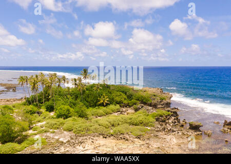 La costa rocciosa di un'isola tropicale. Siargao, Filippine. Seascape con palme in tempo soleggiato, vista aerea. Alberi di noce di cocco in riva al mare. Foto Stock