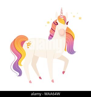 Magic mitico animale da fiaba unicorn cartoon animale piatto design illustrazione vettoriale isolati su sfondo bianco. Illustrazione Vettoriale