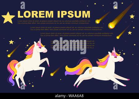 Magic mitico animale da fiaba in esecuzione unicorn cartoon animale piatto design illustrazione vettoriale sul cielo notturno. Illustrazione Vettoriale