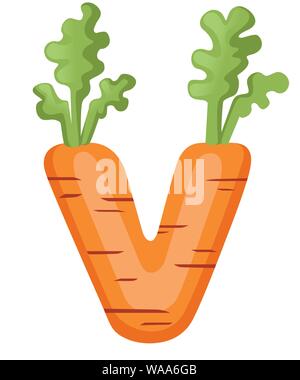 Lettera di vegetale V carota stile cartoon vegetale piatto design illustrazione vettoriale isolati su sfondo bianco. Illustrazione Vettoriale