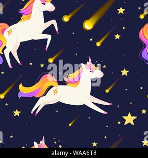 Modello senza giunture di magia mitico animale da fiaba in esecuzione unicorn cartoon animale piatto design illustrazione vettoriale sul cielo notturno. Illustrazione Vettoriale