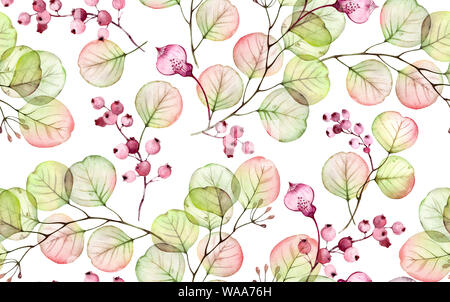 Eucalipto acquerello seamless pattern. Disegnata a mano trasparente illustrazione floreale con bacche di rosa per il design di nozze, superficie, tessili, carta da parati Foto Stock