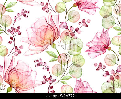 Acquerello trasparente rosa. Seamless motivo floreale. Isolati disegnati a mano con grandi fiori, eucalipto e bacche per wallpaper design, tessile Foto Stock