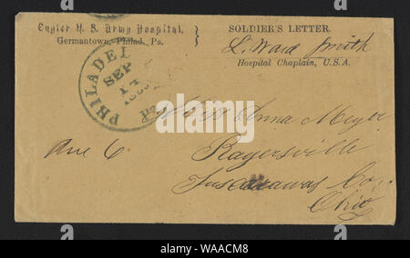 La guerra civile la busta con il messaggio del soldato lettera da Cuyler U.S. Ospedale dell'esercito, Germantown, Philadelphia, Pennsylvania, firmato da L. Ward Smith, cappellano ospedale Foto Stock