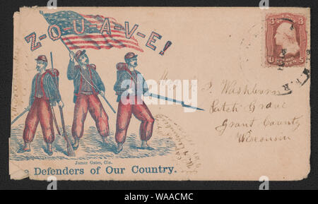 La guerra civile che mostra inviluppo Zouave tre soldati con fucili a canna rigata, spade e una bandiera americana Foto Stock